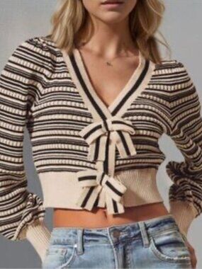 So Me Women's Striped Cardigan with Bow Details